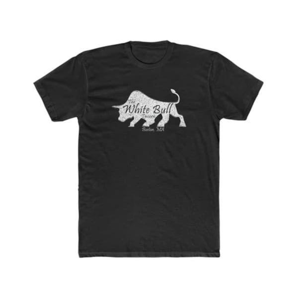 Black t-shirt with a white bull logo and "The White Bull Tavern Boston, MA" text.