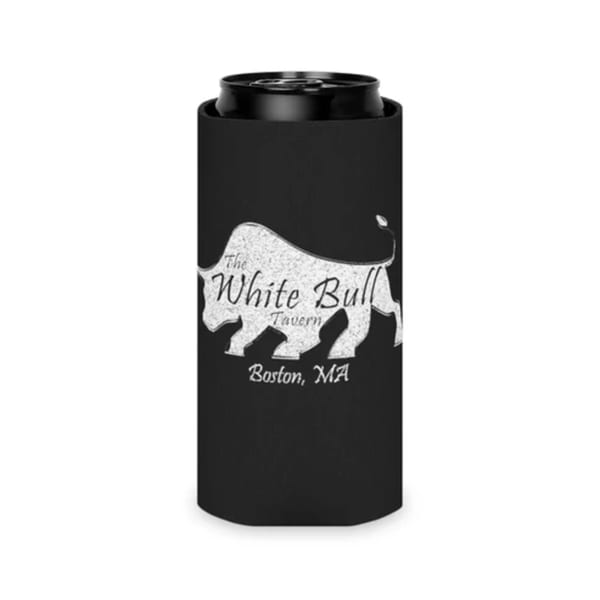Black can cooler with "The White Bull Tavern Boston, MA" logo featuring a white bull silhouette.