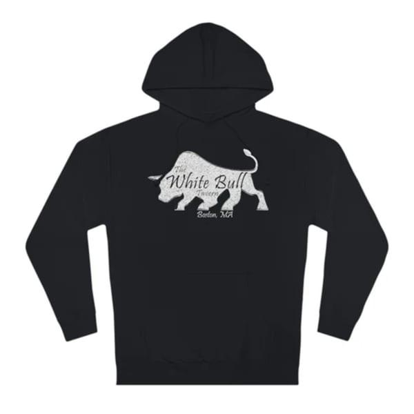 Black hoodie with The White Bull Tavern logo featuring a white bull and text.