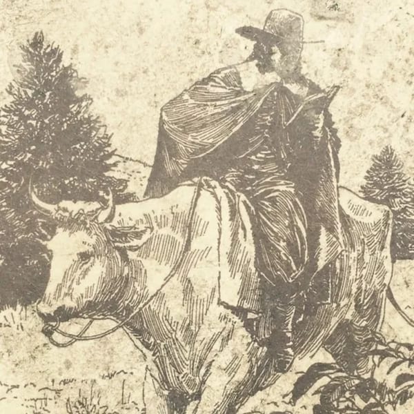 A vintage illustration of a man in a hat and cloak riding a bull, with pine trees in the background.