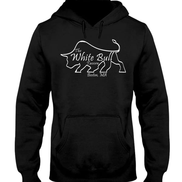 Black hoodie featuring a white outline logo of a bull with "The White Bull Tavern Boston, MA" text.