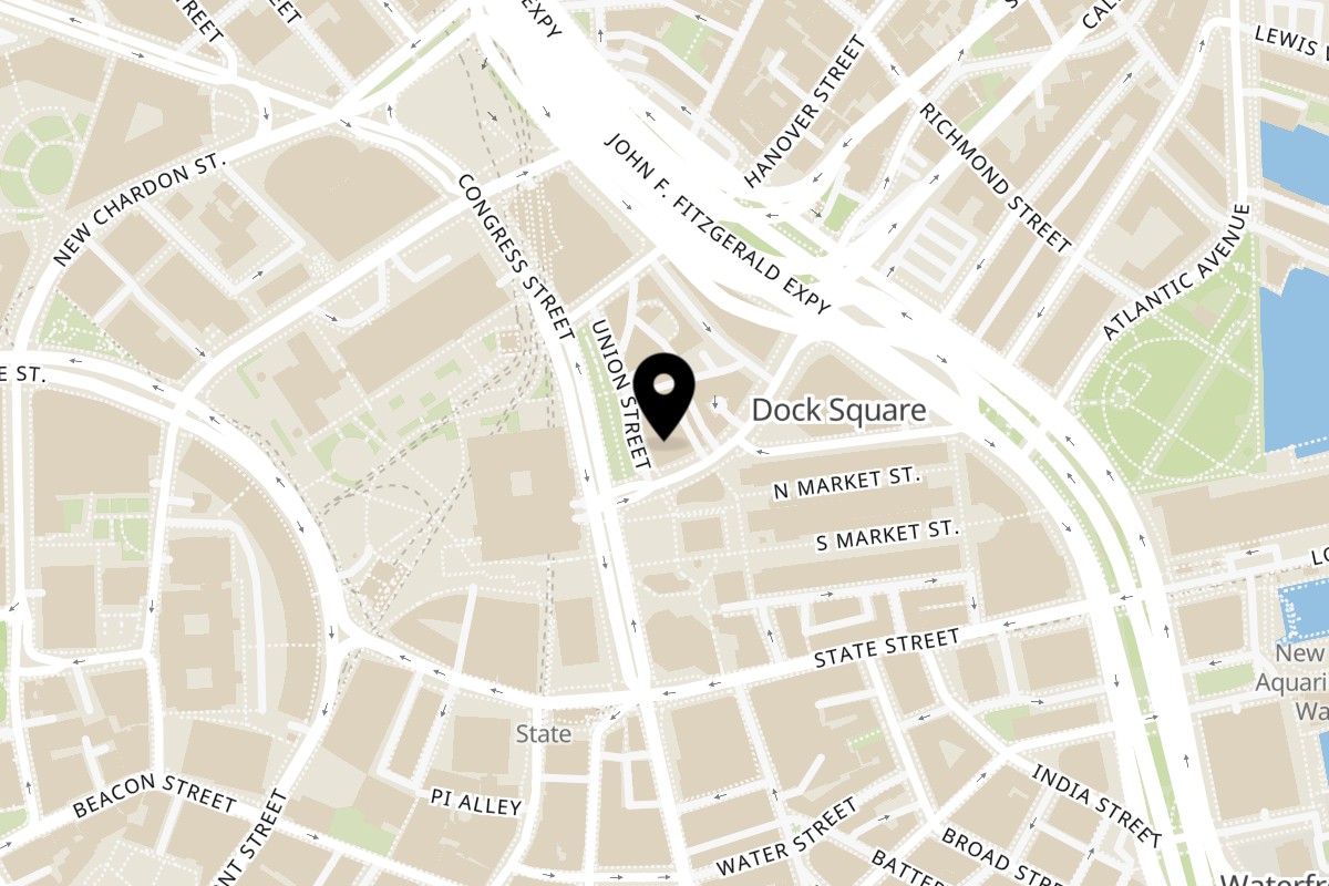 Map showing the location of The White Bull Tavern on 1 Union St in Boston